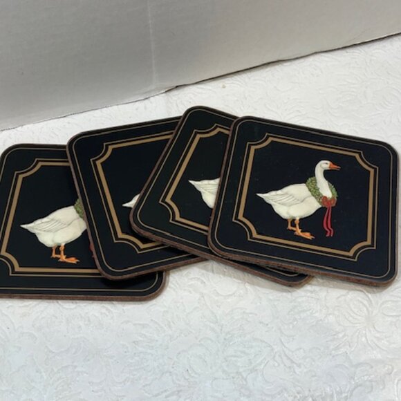 VTG Set of 4 Christmas Goose w/Wreath Coasters Cork Backing 4.25"x4.25" - Picture 4 of 7